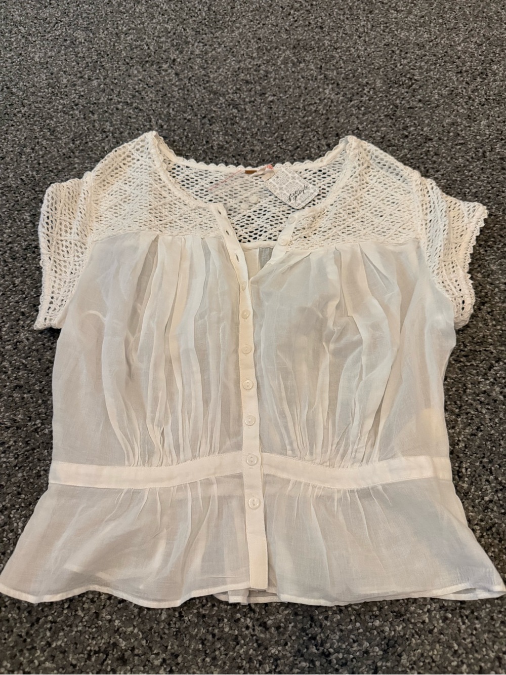 Free People Cream Crochet Yoke Button-Up Blouse